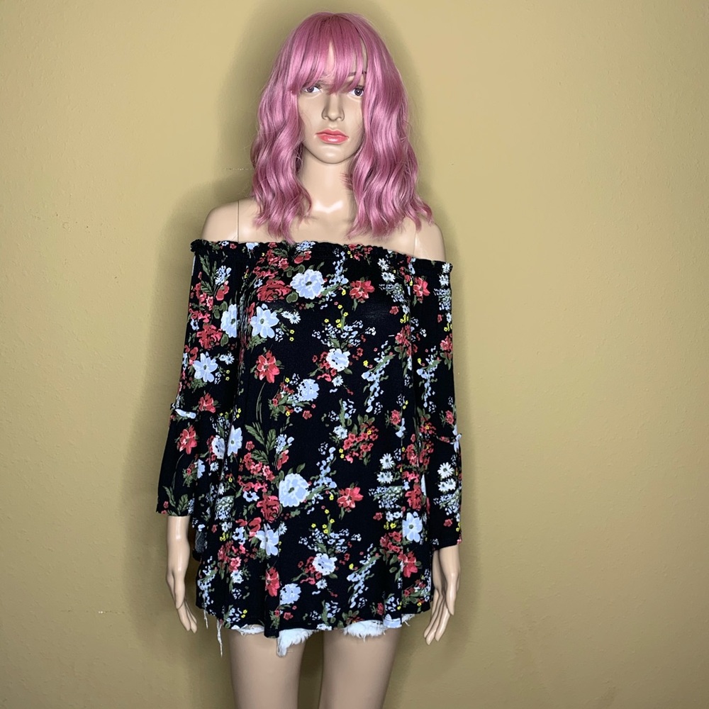 Time and Tru Black Floral Off-Shoulder Blouse